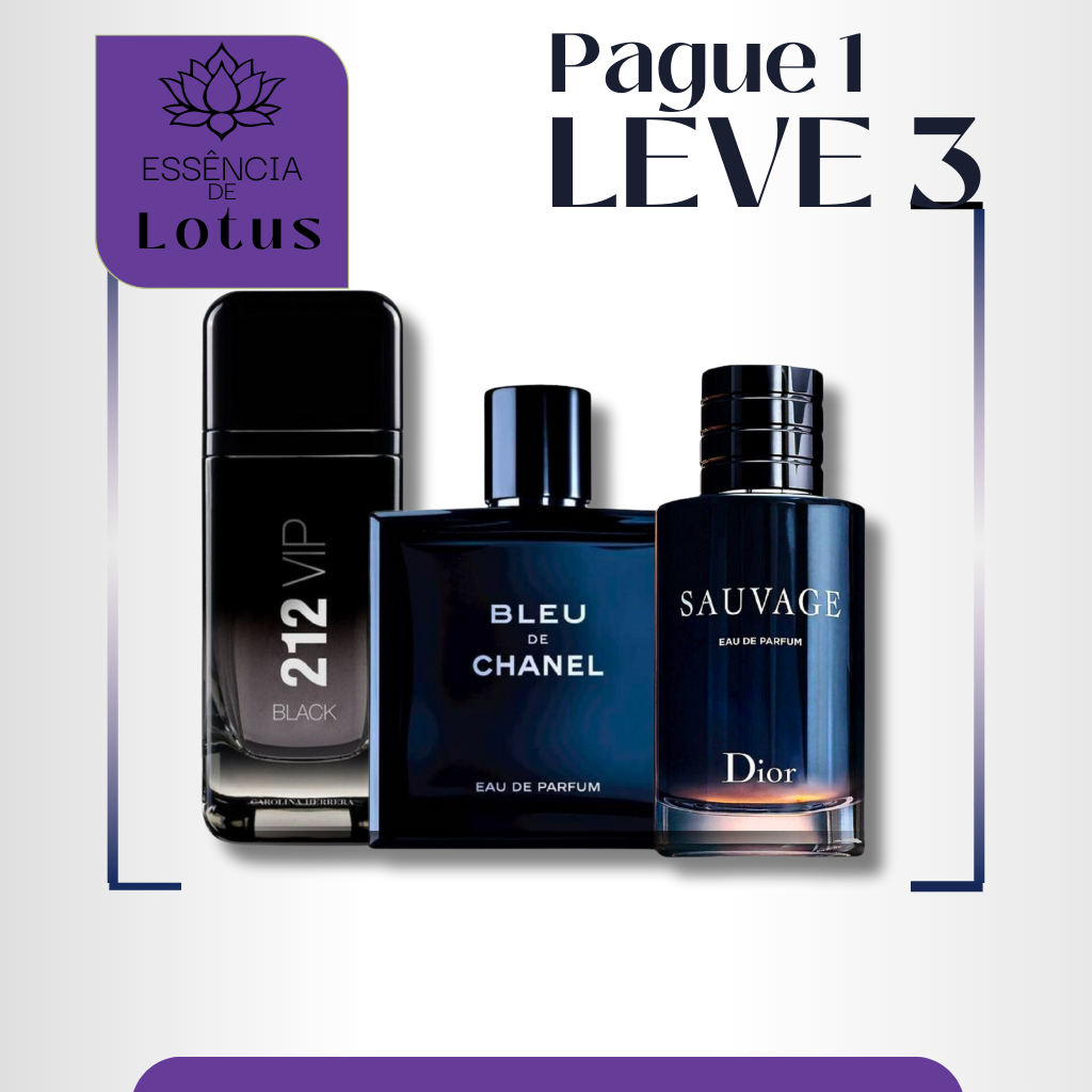 QUEIMA DE ESTOQUE - 3 Perfumes Masculinos Importados (100ml cada) - Sauvage Dior l Bleu de Chanel l 212 VIP Black )
