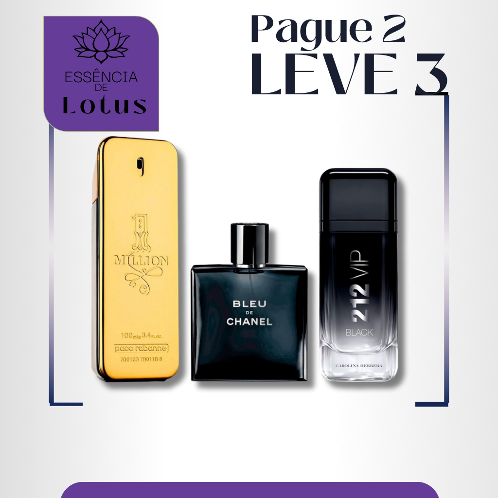 Combo de 3 Perfumes Masculinos - 1 Million, Bleu de Chanel e 212 VIP Black