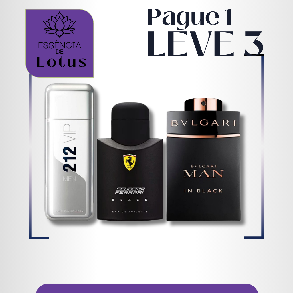 Combo de 3 Perfumes Masculinos - 212 VIP, Ferrari Black e Bvlgari In Black